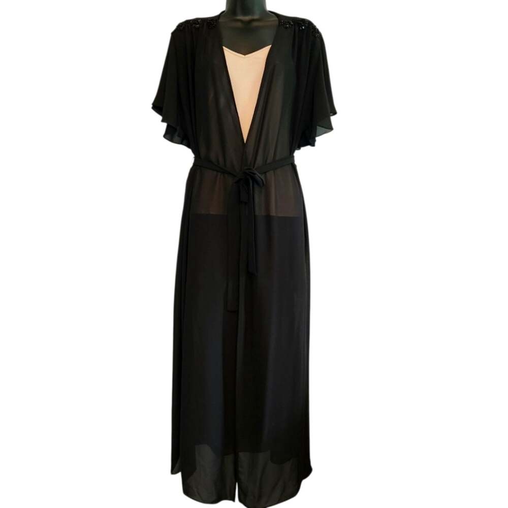Black sheer kimono robe by Belle Nuit retro glam size L